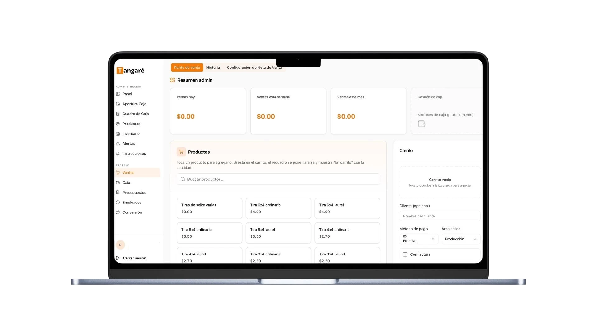 Vista visual de Aserradero con inventario centralizado